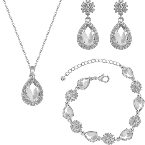 18K Gold & Silver & Rose Gold Pendant Necklace Earrings Bracelet Set for Women - Picture 1 of 4